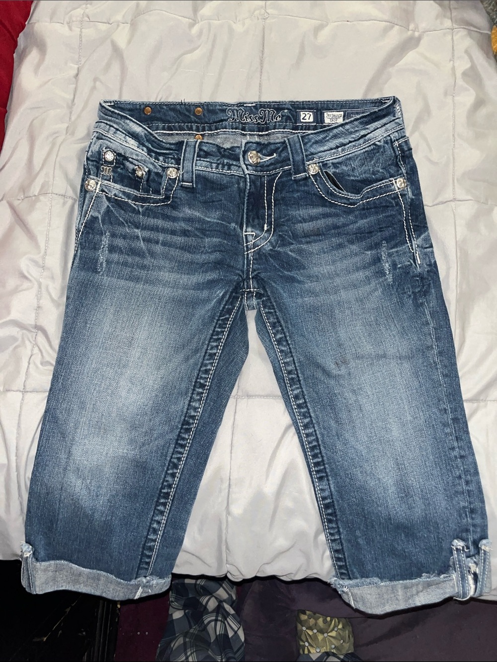 Miss Me Dark Blue Cropped Denim Capris with Whiskering